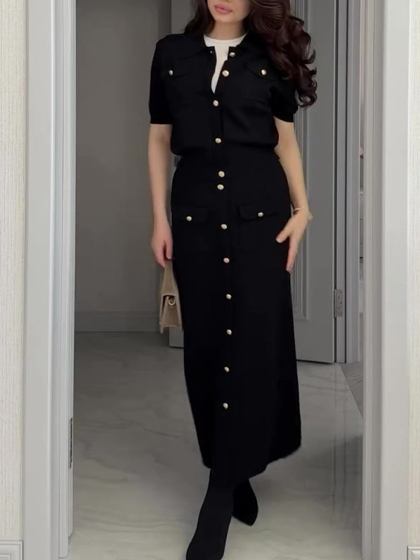 Lapel Short Sleeve Shirt & Single Button Skirt Set