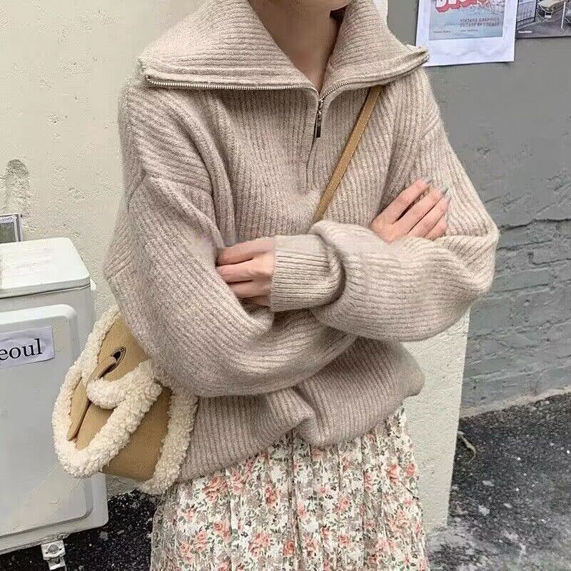 Women's Solid Color Loose Zipper Lapel Stand Up Sweater