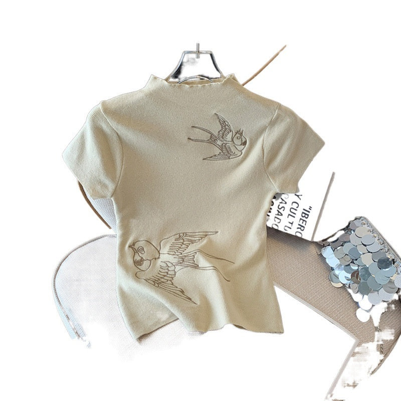 Fashionable Retro Embroidered Short-Sleeve T-Shirt Elegant Versatile Stand-Up Collar Cropped Top