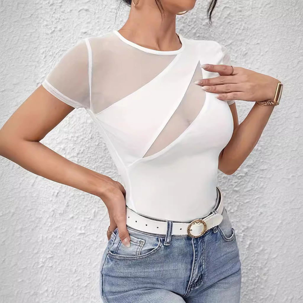 SpringSummer Sexy Solid-Color Short-Sleeve Mesh-Panel T-Shirt For A Slimming Look