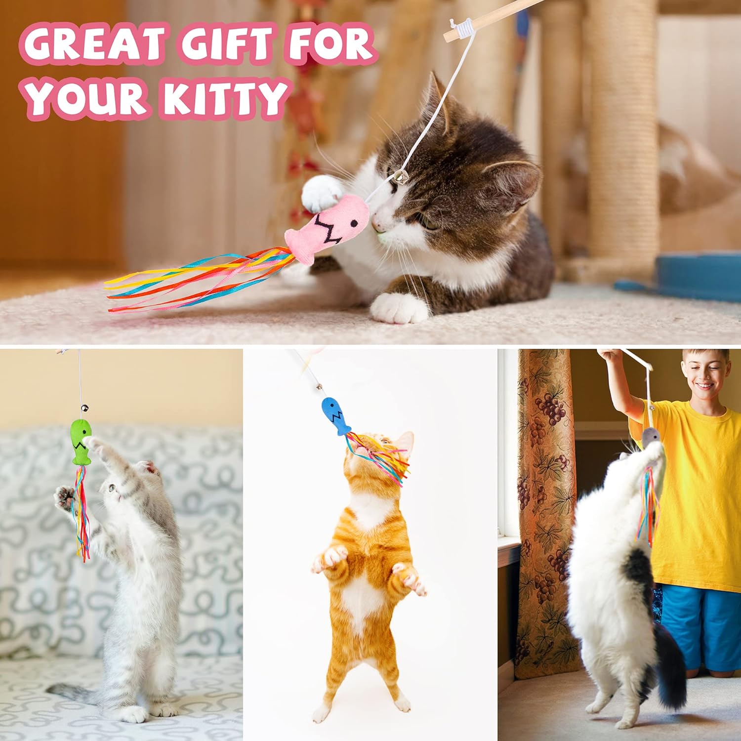 Cat Wand Toys Interactive Cat Toys With Catnip Fish Colorful Ribbons Bell For Kitty Kitten Cat Toys For Indoor Cats Cat Teaser Cat String Toy Cat Accessories