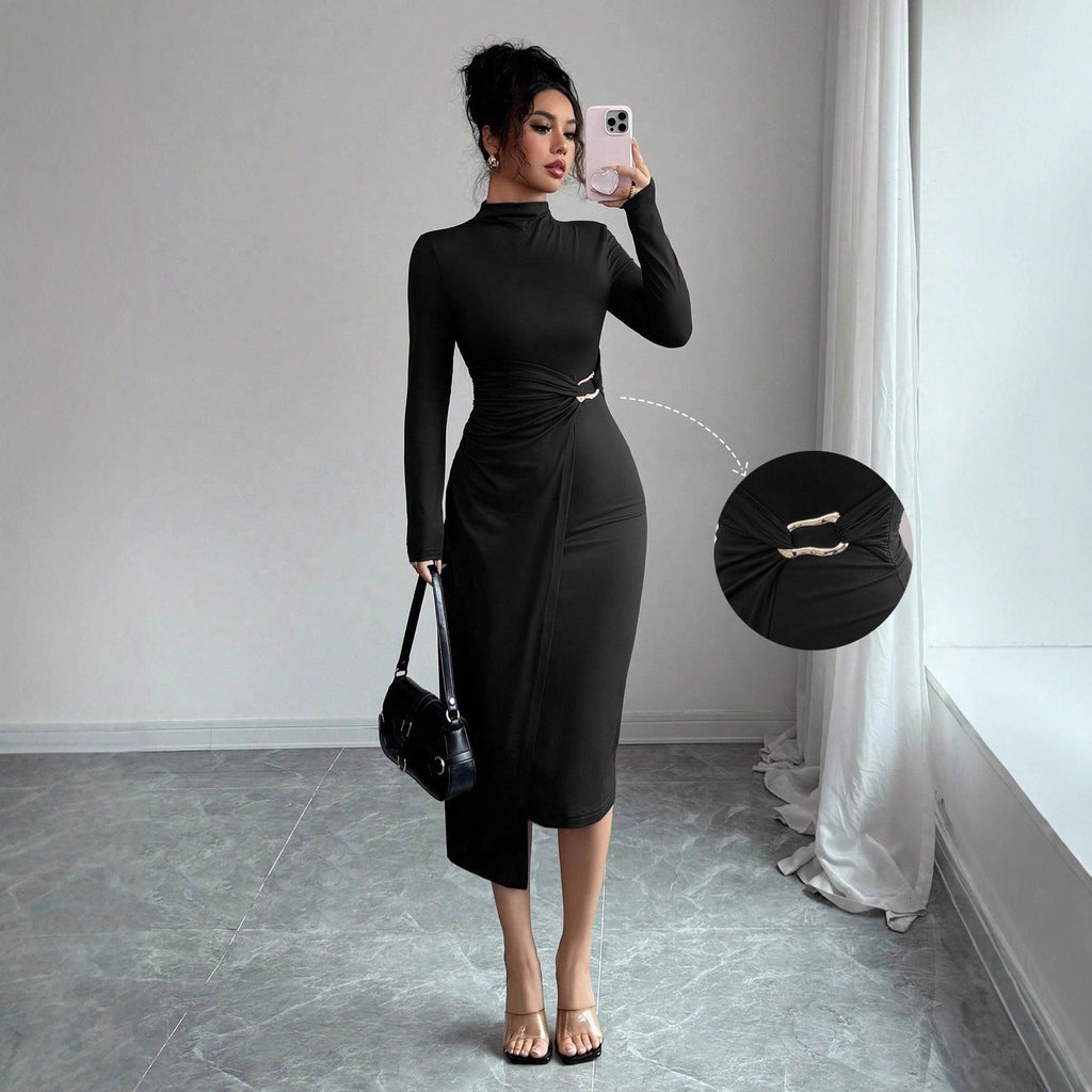 Small Stand-up Collar Knit Solid-color Dress With Metal Buttons