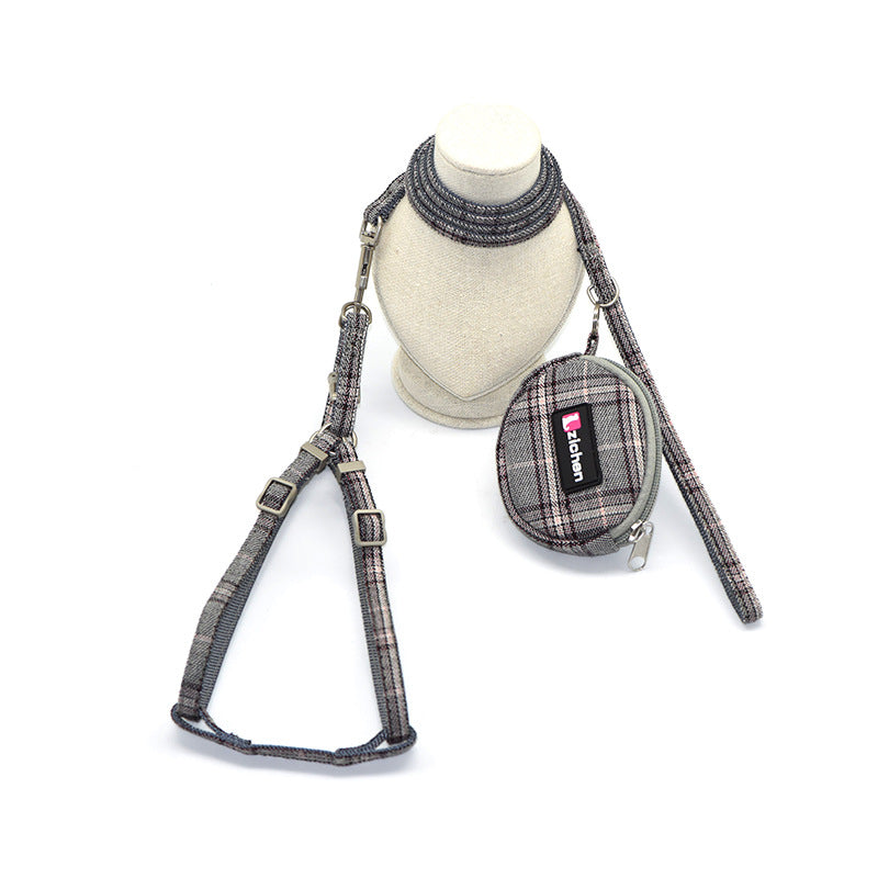 Cotton plaid pet leash collar with snack bag