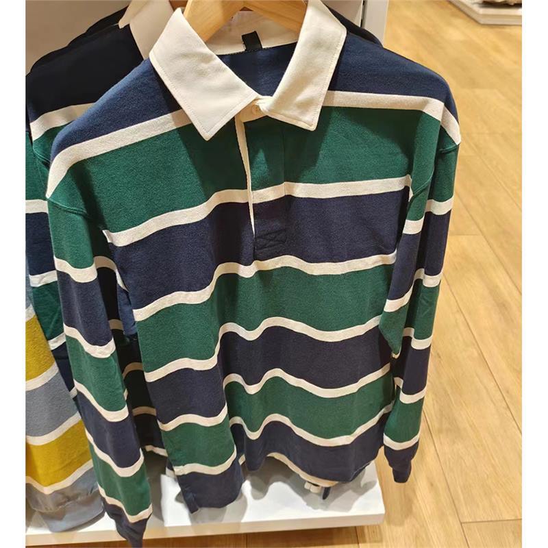 Casual Polo Shirt Long-sleeve Loose-fit Striped T-shirt