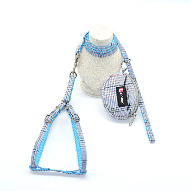 Cotton plaid pet leash collar with snack bag