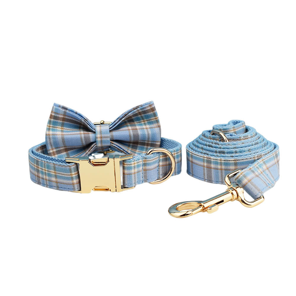 Sky Blue Grid Forest Series Dog Collar Traction Rope