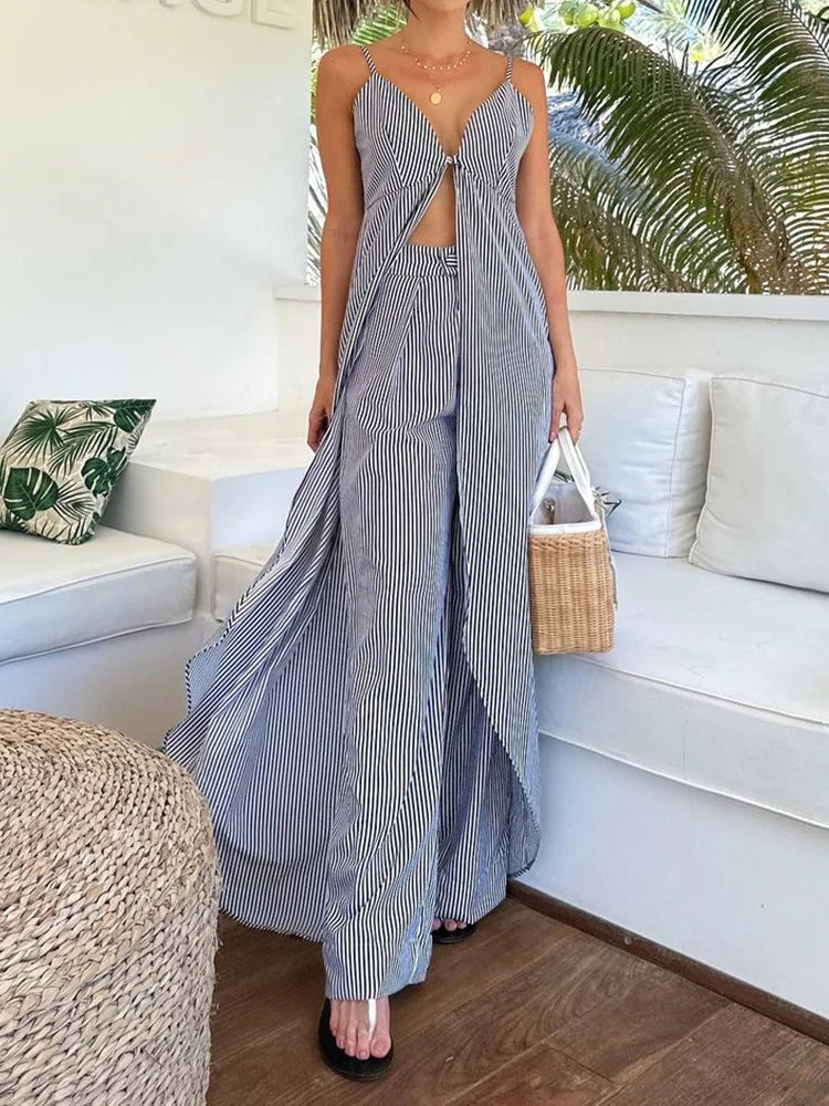 Suspender Striped Long Top Wide Leg Pants Suit
