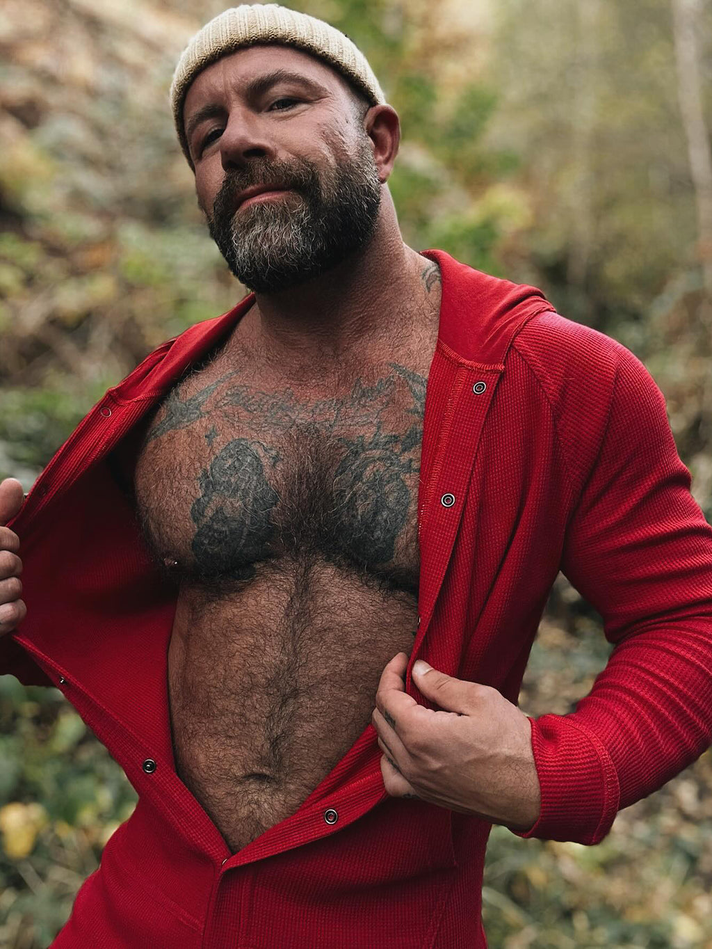 Red Hooded Button - Front Onesie