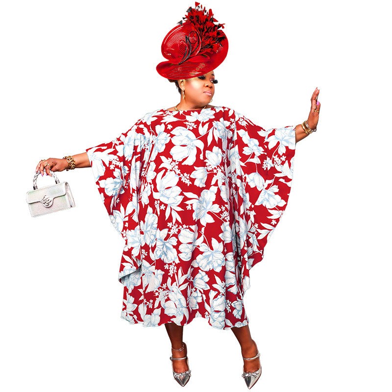 Women's Multi-color Split Skirt With Kimono Sleeves Plus-size Dress