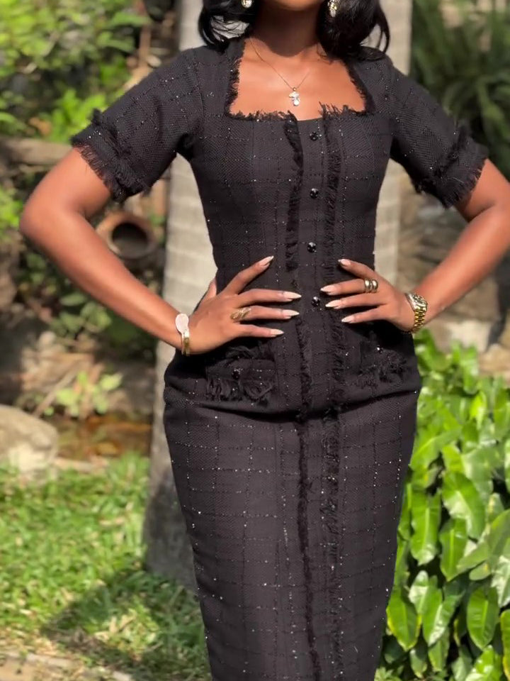 Black Square Neck Short Sleeve Dress