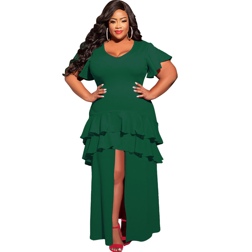 Solid-color Layered Dress With A High Slit On The Front And Ruffled Hem