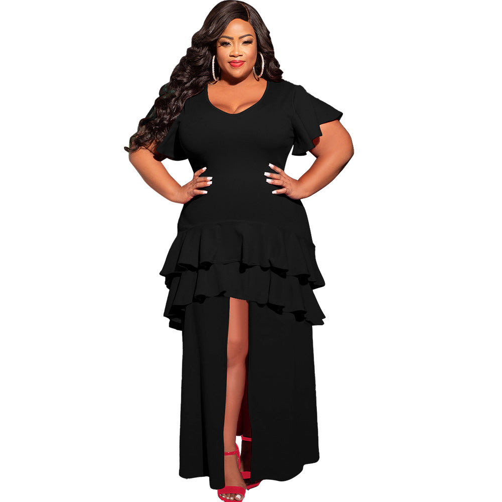 Solid-color Layered Dress With A High Slit On The Front And Ruffled Hem