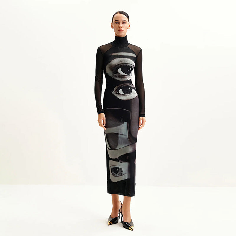 Elegant Mesh Double-layer Printed Crew-neck Long-sleeve Dress