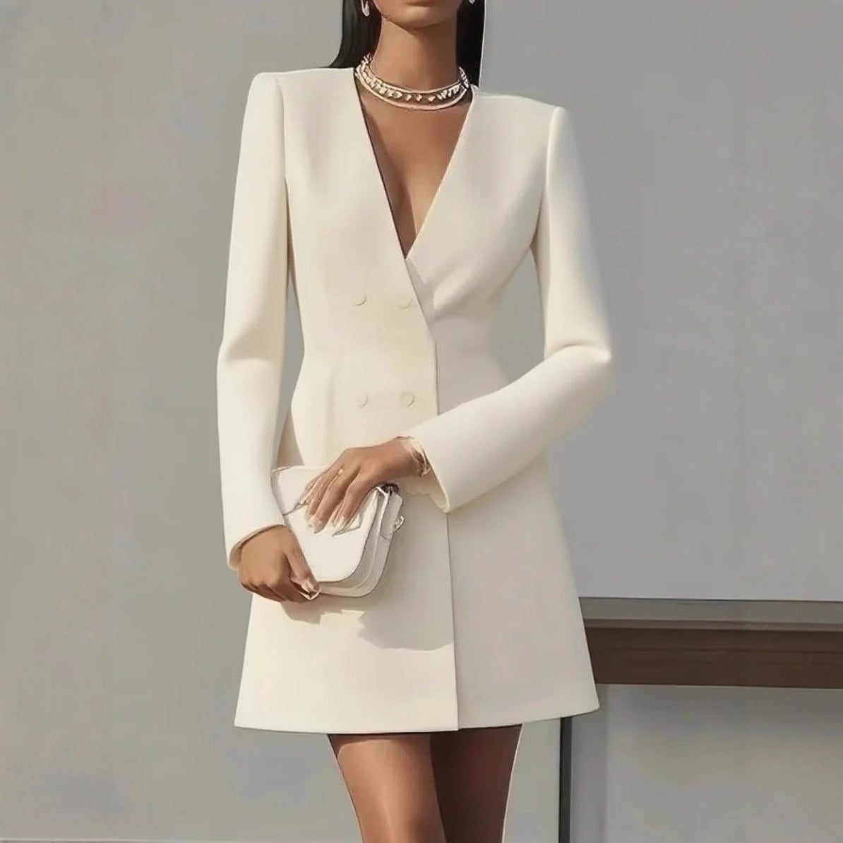Solid-color V-neck Suit-style French Dress For Women