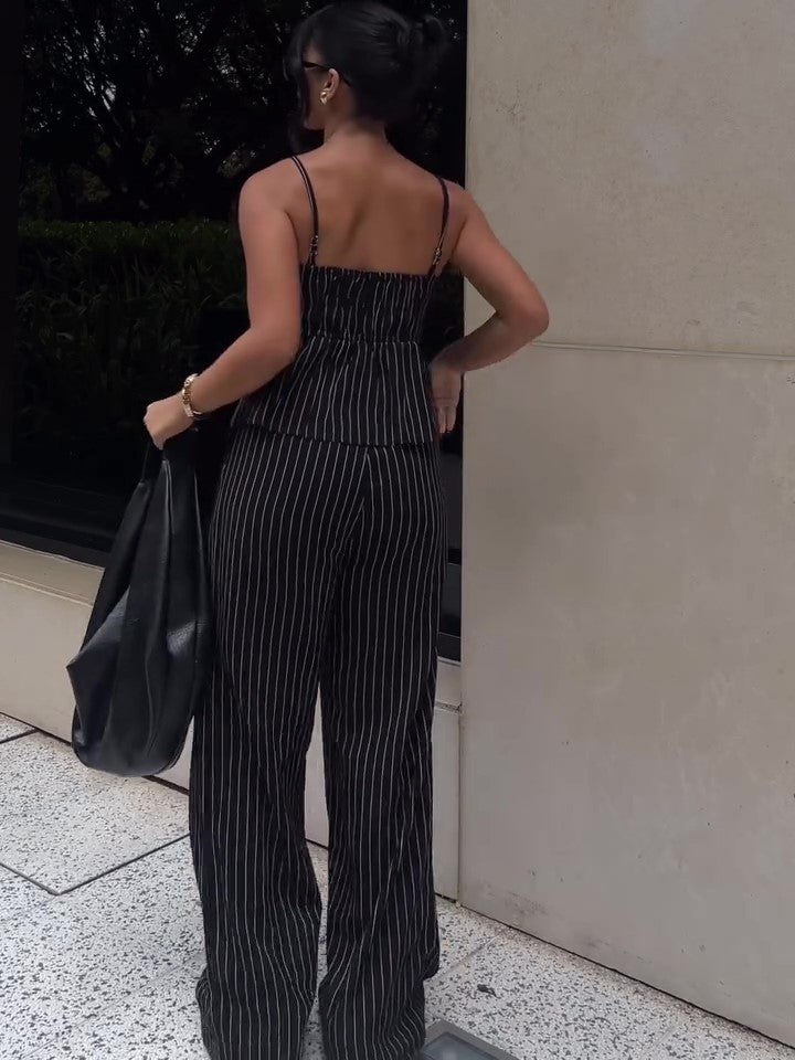 Striped Suspender Ruffle High-waisted Wide-leg Pants Suit