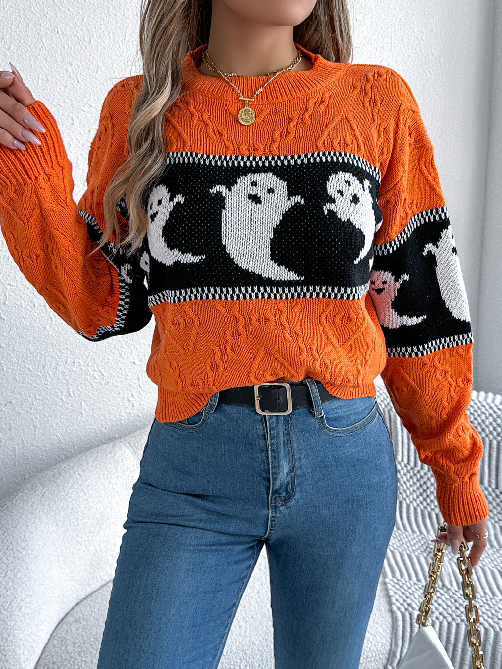 Women Ghost Color Block Long Sleeve Pullover Sweater