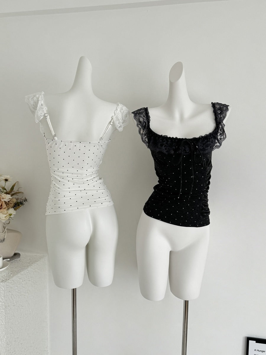 Lace Cap-sleeve Ruffled Polka-dot Camisole Women's Slim-fit Cropped Top