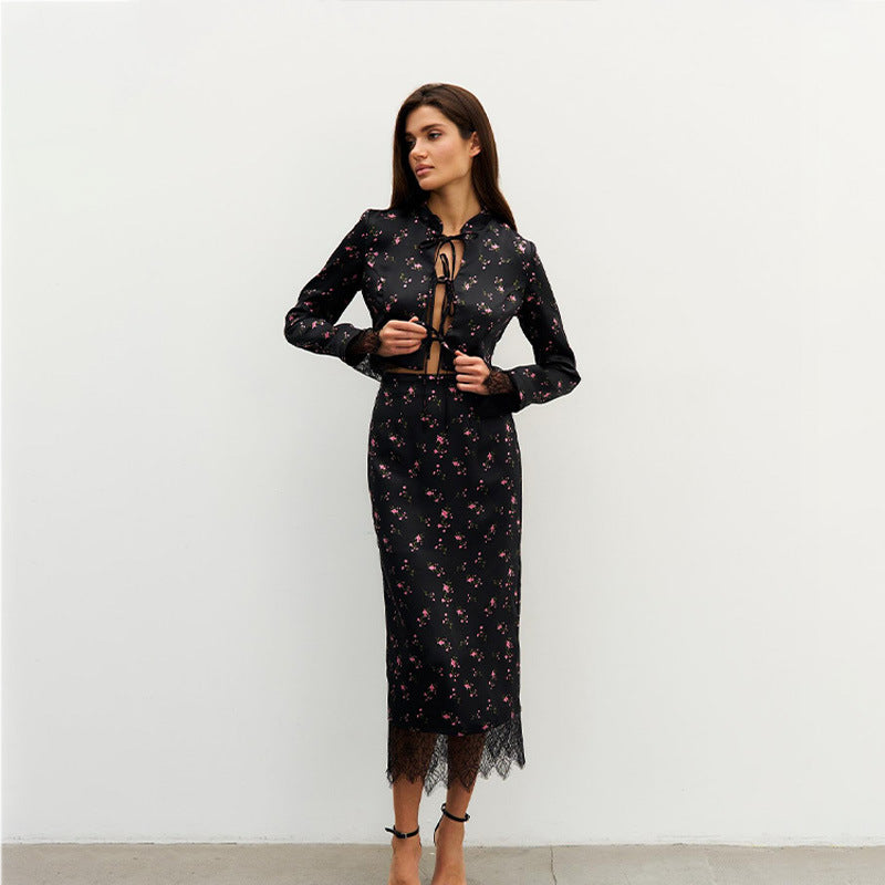 Women's Fashionable Printed Long-Sleeve Lace-Patchwork Skirt Set