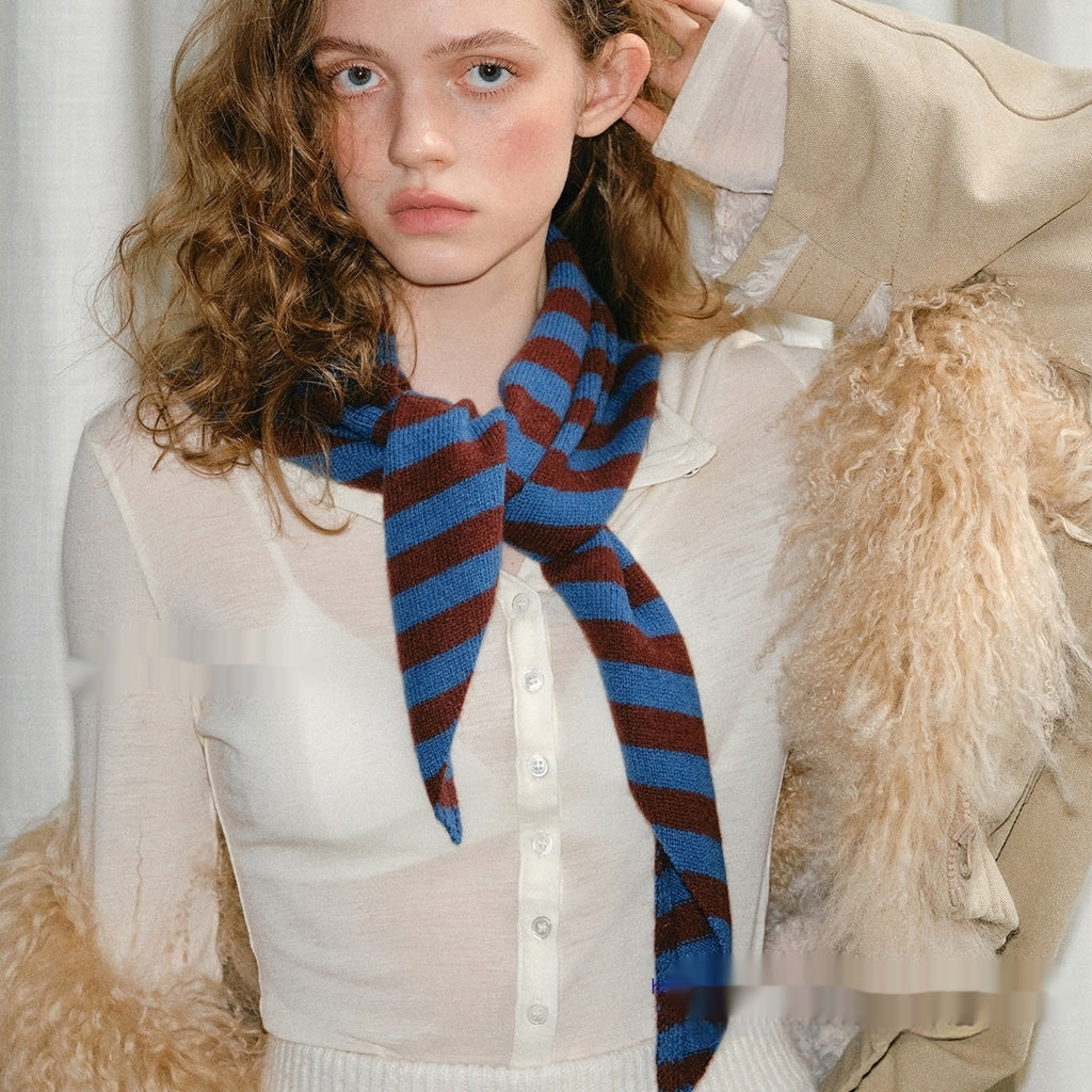 Pure Wool Striped Knitted Triangular Warm Neck Scarfhat
