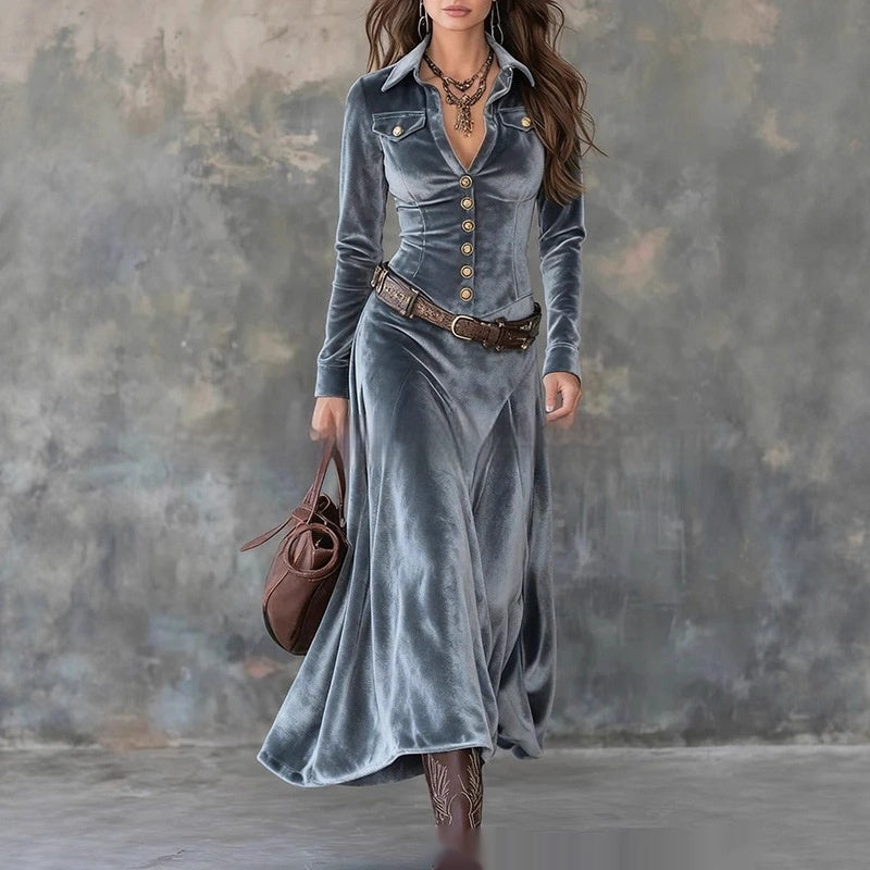 Women's Retro Elegant Long-Sleeve Dress With Metal Buttons