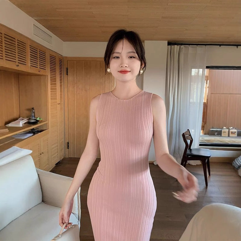 Retro Sleeveless Knitted Vest Women's Waist-Cinching Slimming Sheath Dress