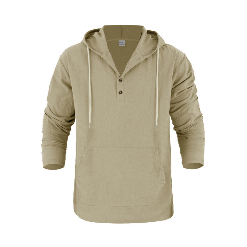 Hooded Long-sleeve Henley T-shirt With Large Pockets