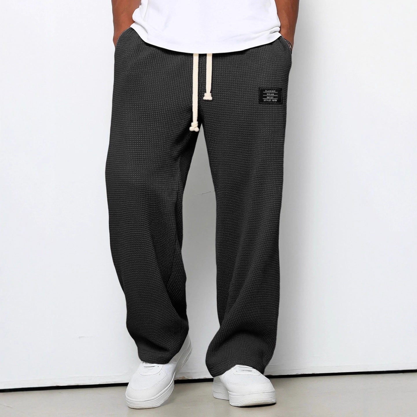 Waffle Straight Pants Fashion Brand Loose Loose  Drawstring Pockets Trousers Casual Men's Clothing