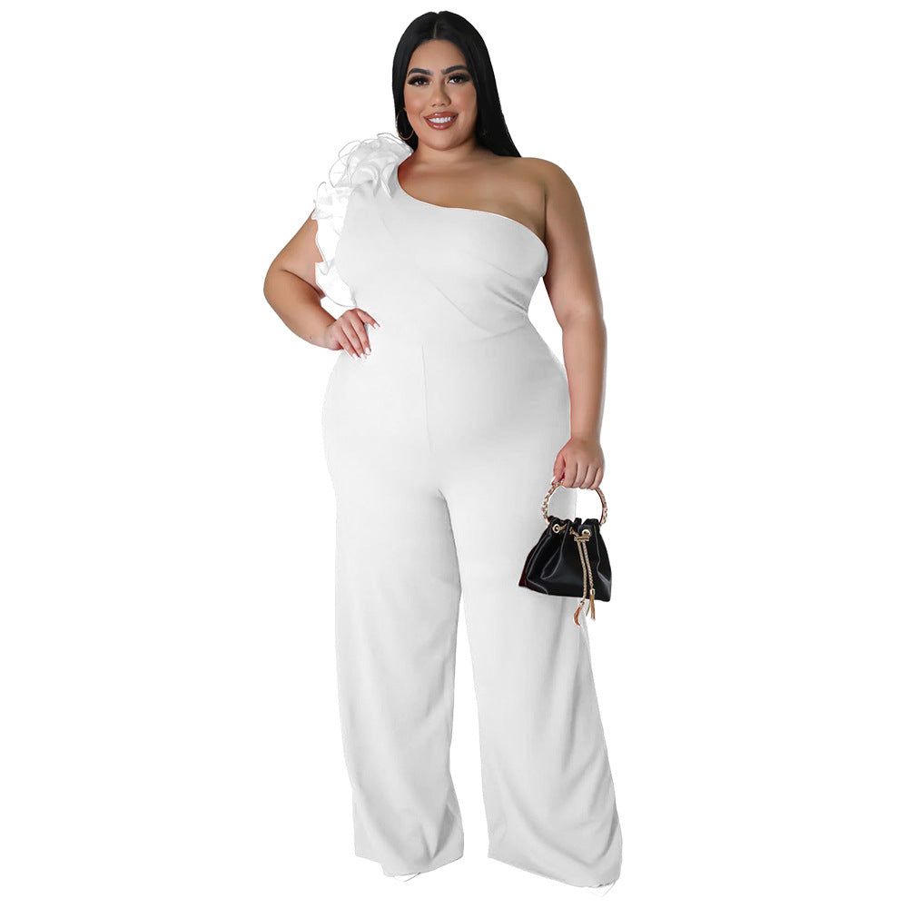 Plus-size Women's One-shoulder Mesh Wide-leg Pants