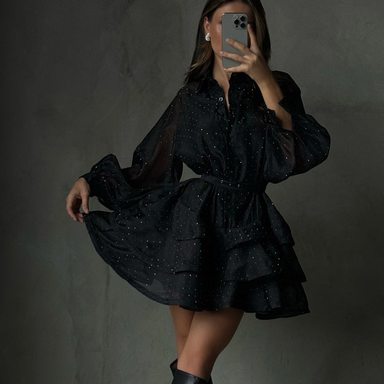 Fashionable Black A-line Dress With Diamond Embellishments, Lapel Collar, Long Sleeves, And High Waist