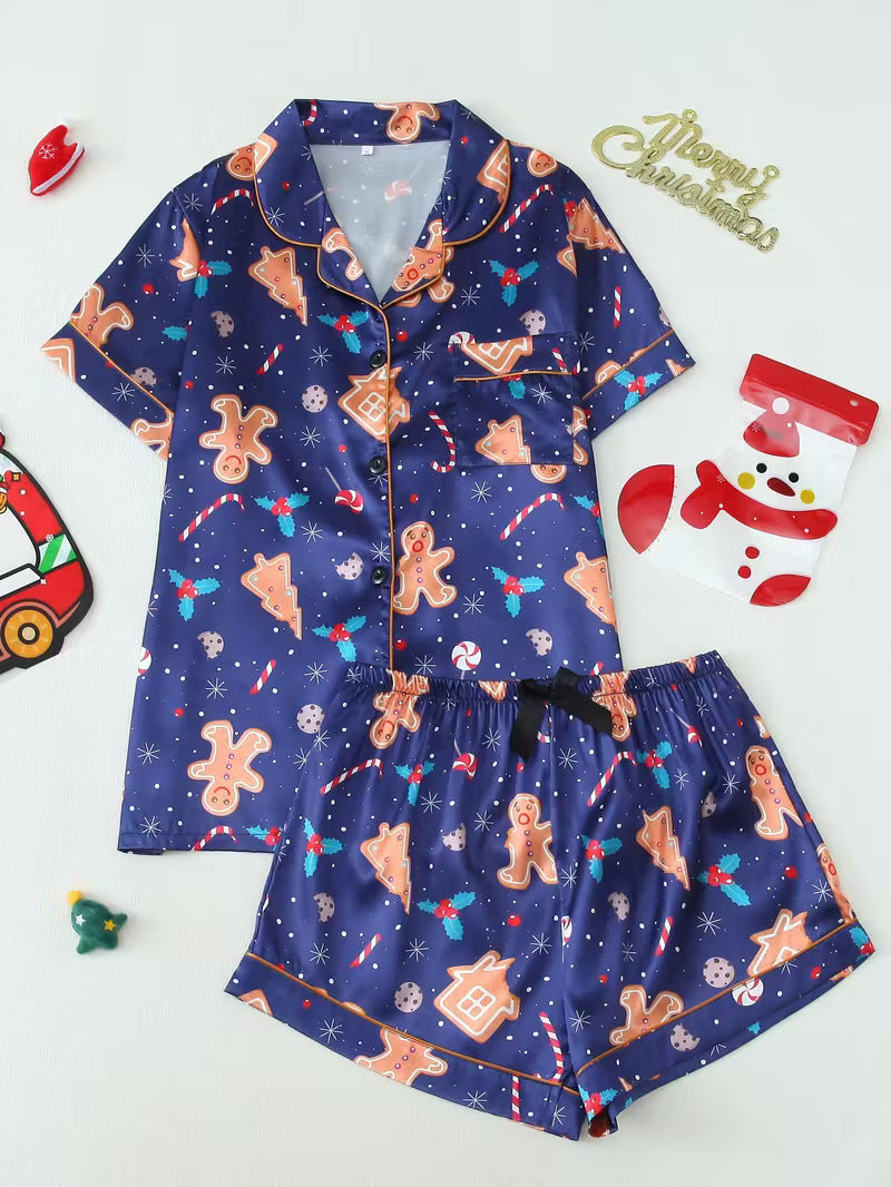 Cute Cartoon Pajama Set With A Turn-down Collar Short Sleeves