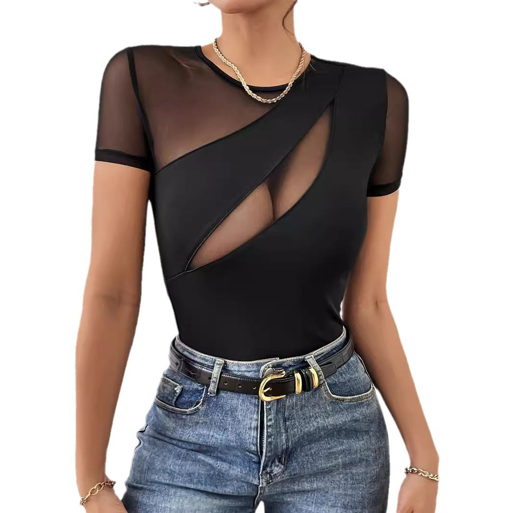SpringSummer Sexy Solid-Color Short-Sleeve Mesh-Panel T-Shirt For A Slimming Look