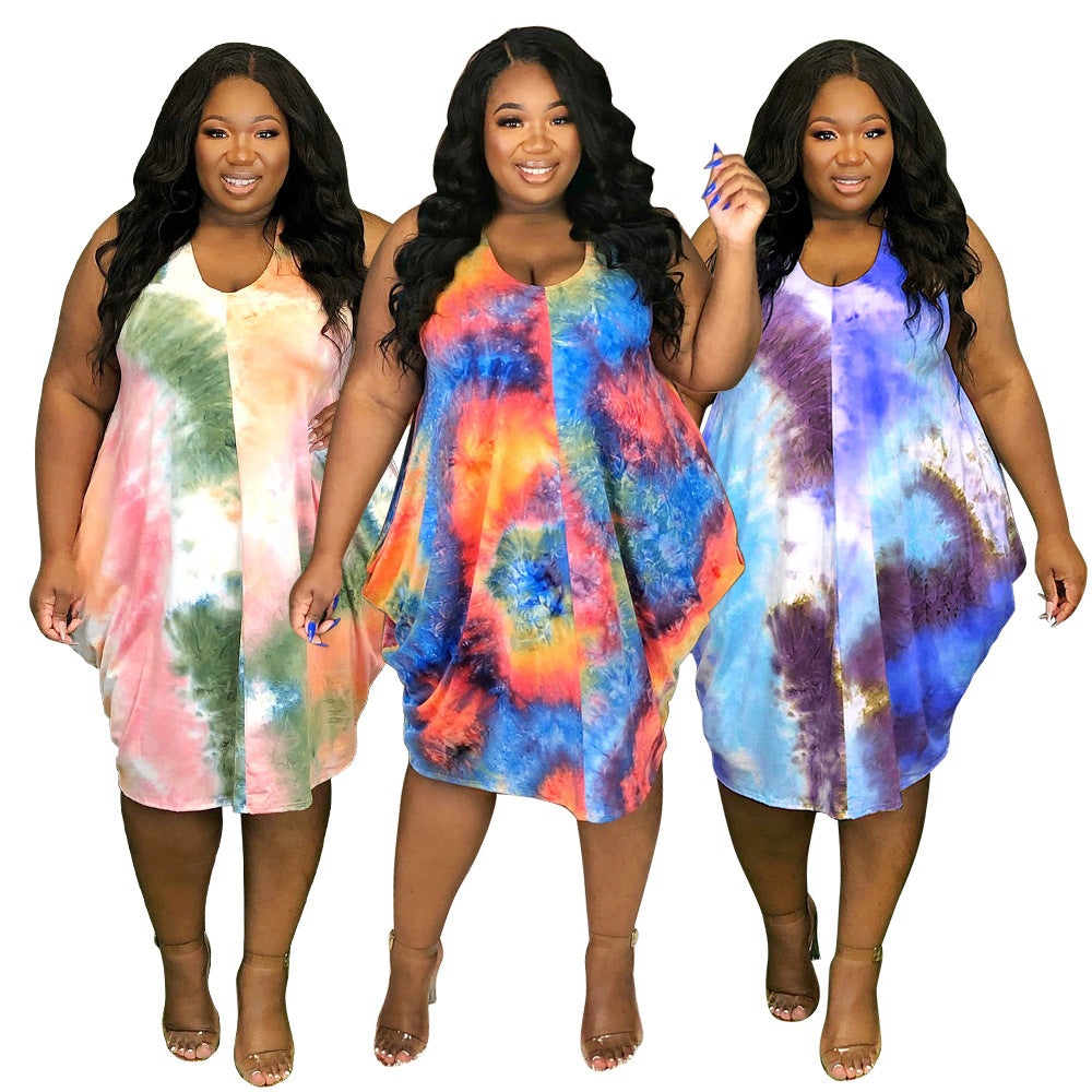 Sleeveless Tie-Dye Printed Loose-Fit Waist Dress
