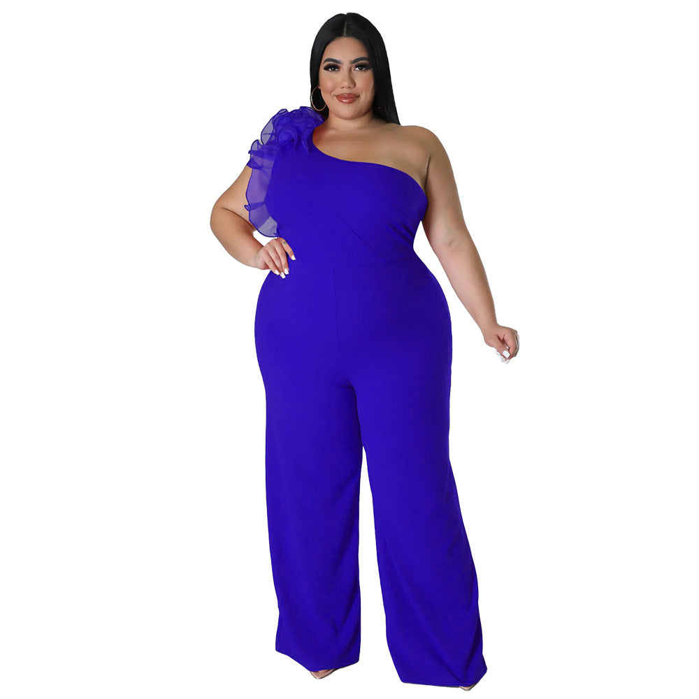 Plus-size Women's One-shoulder Mesh Wide-leg Pants