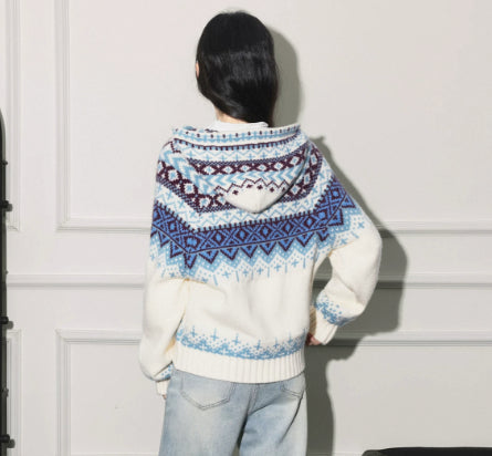 Christmas-themed Fair Isle Jacquard Hooded Sweater Coat