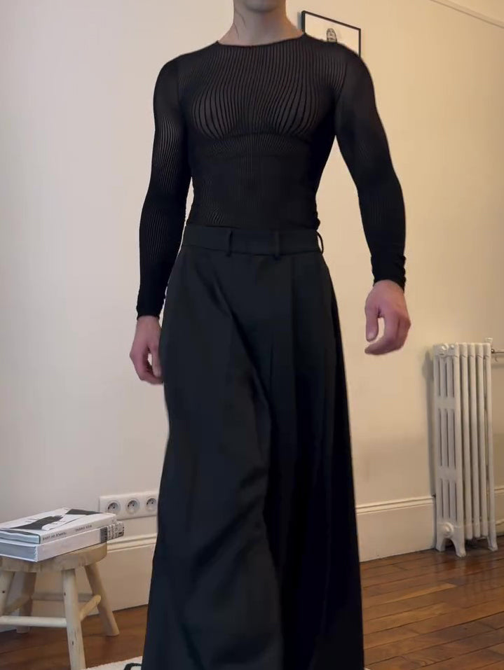 Black Mesh Long-Sleeve Top With Sheer Design