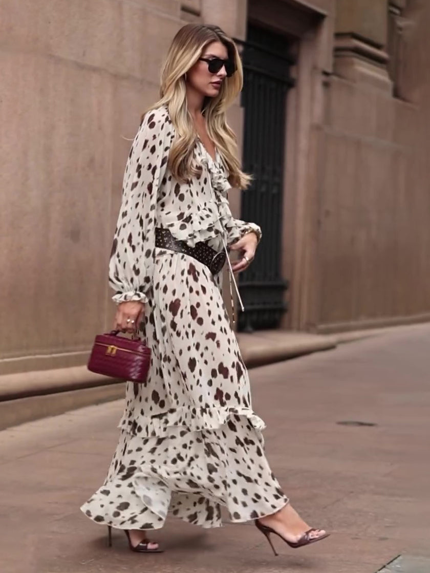 Spotted Print Ruffled Long-sleeve Dress