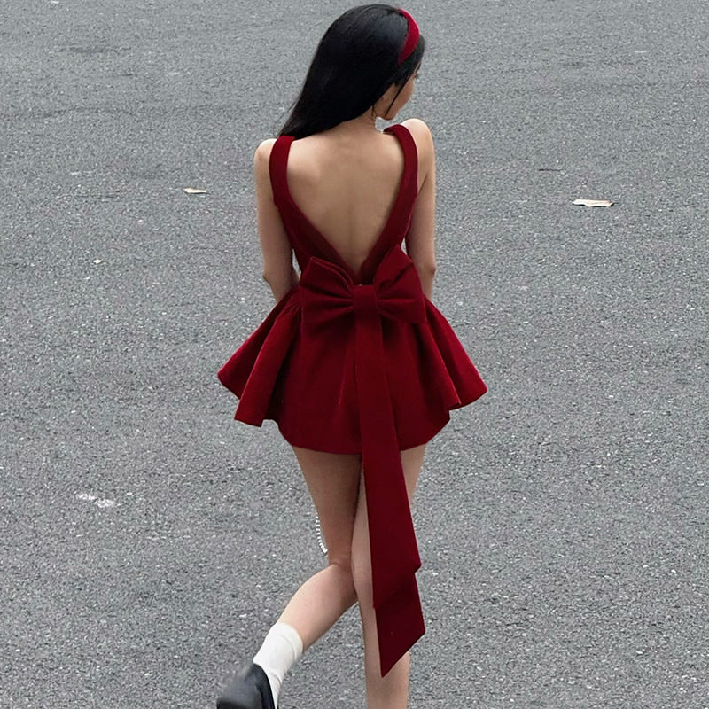 Luxurious Open-back Patchwork Bow-knot Vest Dressstylish High-waisted Figure-hugging A-line Mini Skirt