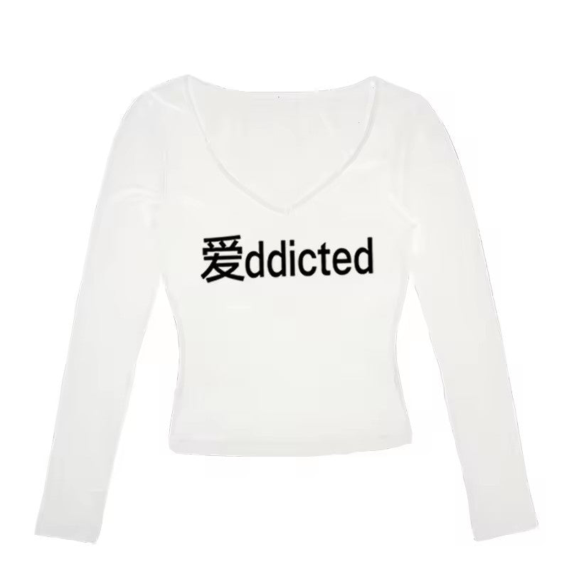 Letter-printed Slim-fit T-shirt Casual Long-sleeve Top