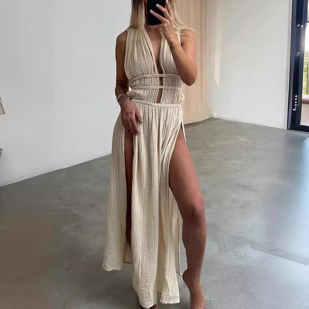 Women's Solid-Colored Linen-blend Sleeveless Hollow-out Dress With Waist Belt