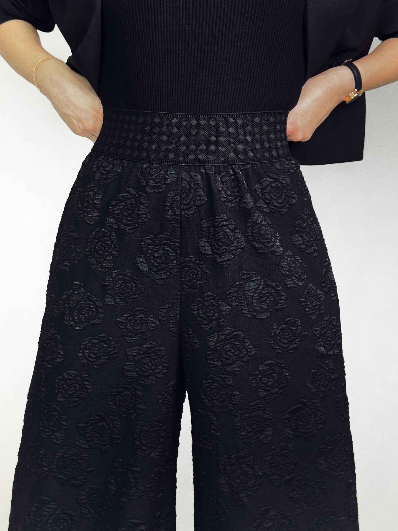 Black Rose Jacquard Wide Leg Pants