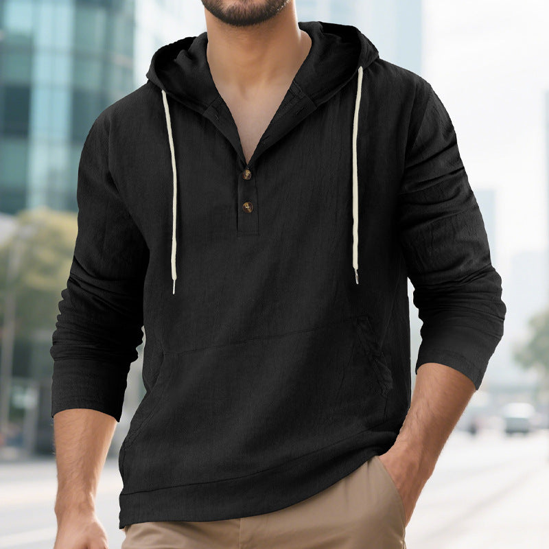 Hooded Long-sleeve Henley T-shirt With Large Pockets