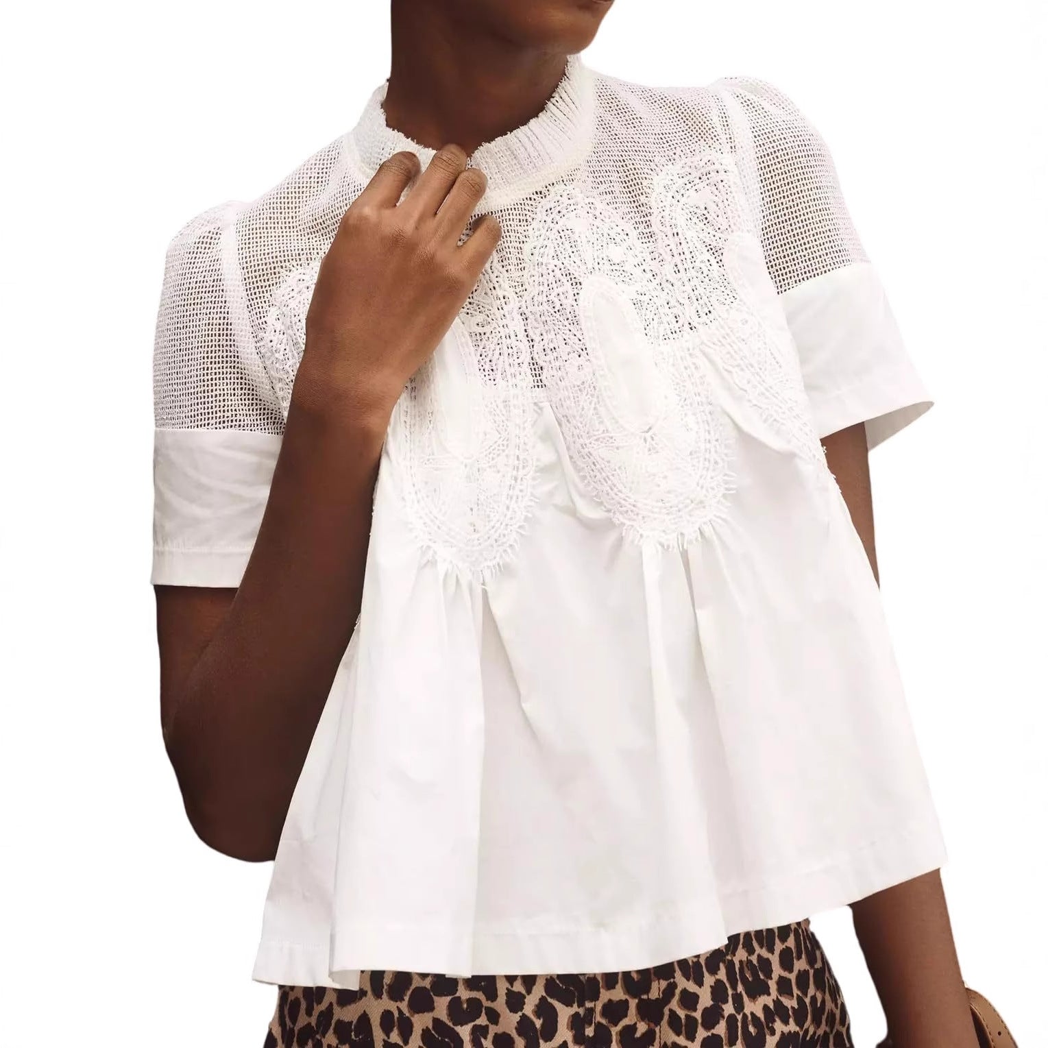 Women's Fashionable Lace-trimmed Crew-neck Embroidered Solid-color Loose Top