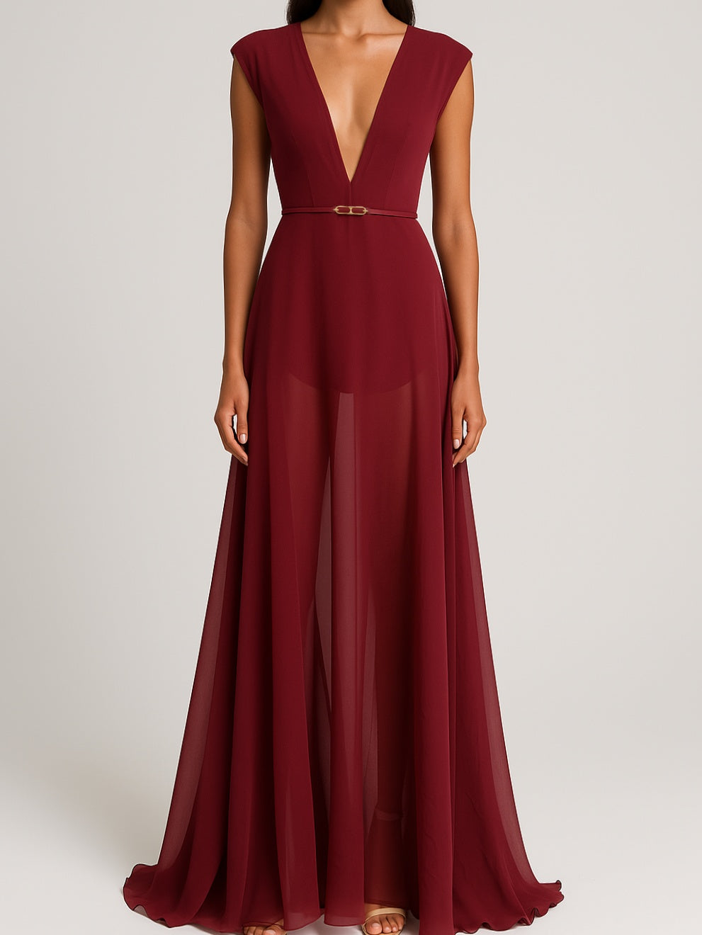 Burgundy Deep V Neck Sleeveless Dress