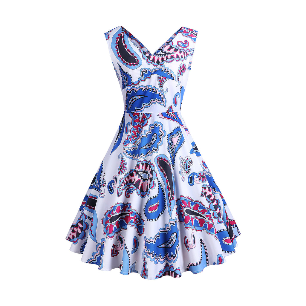 Retro Printed Maxi Sleeveless Dress Women