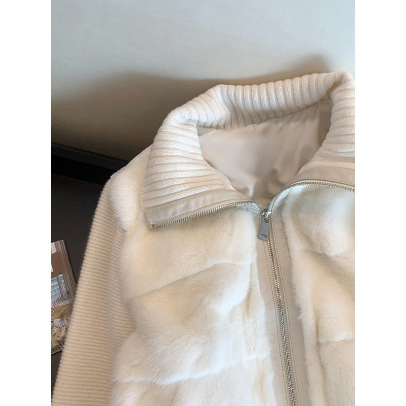White Knitted Patchwork Mink-fur Cotton Coat