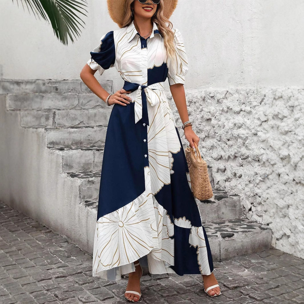 Women's Casual Printed Dress With A Turn-down Collar And Cinched Waist
