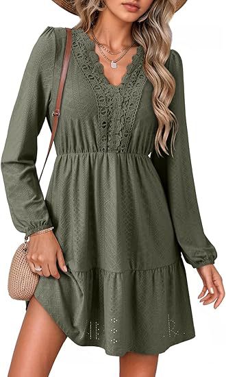 Women's Lace Hollow-Out Embroidered V-Neck Long-Sleeve Dress
