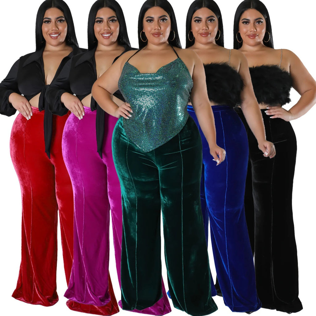 Women's Patchwork Fleece Flared High Waist Casual Pants