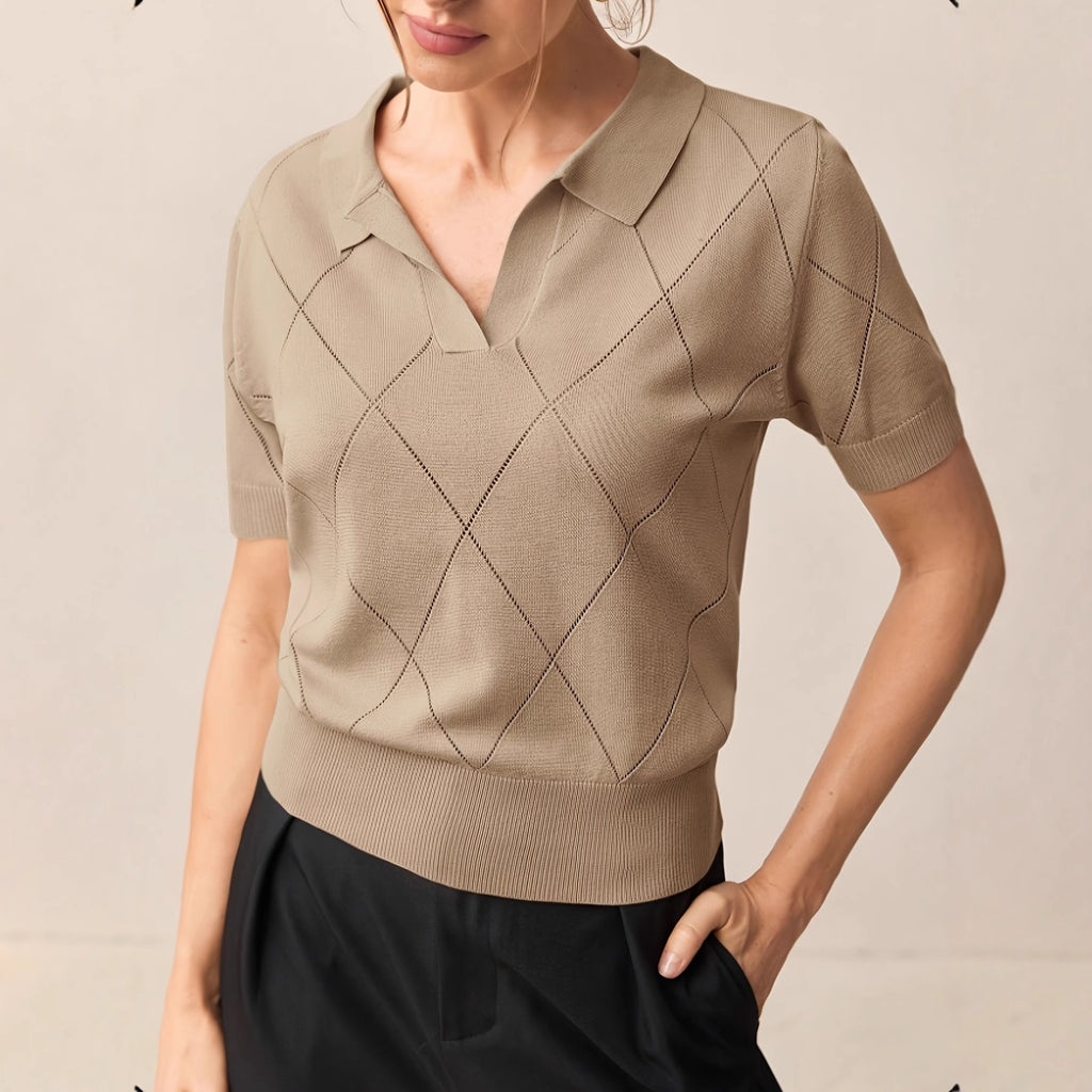 Women's Polo-Neck Diamond-Knit Short-Sleeve Pullover