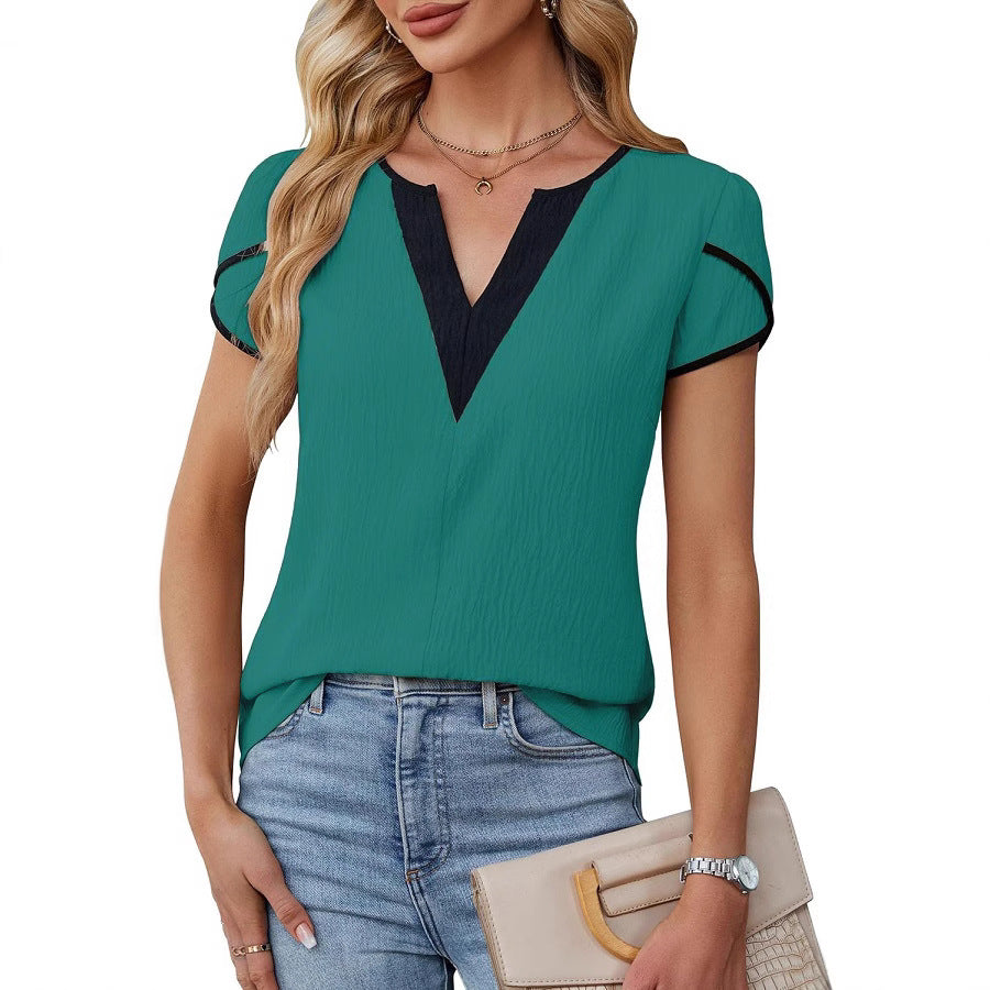 Fashionable Color-Block V-Neck Petal-Shape Short-Sleeve Blouse For Women